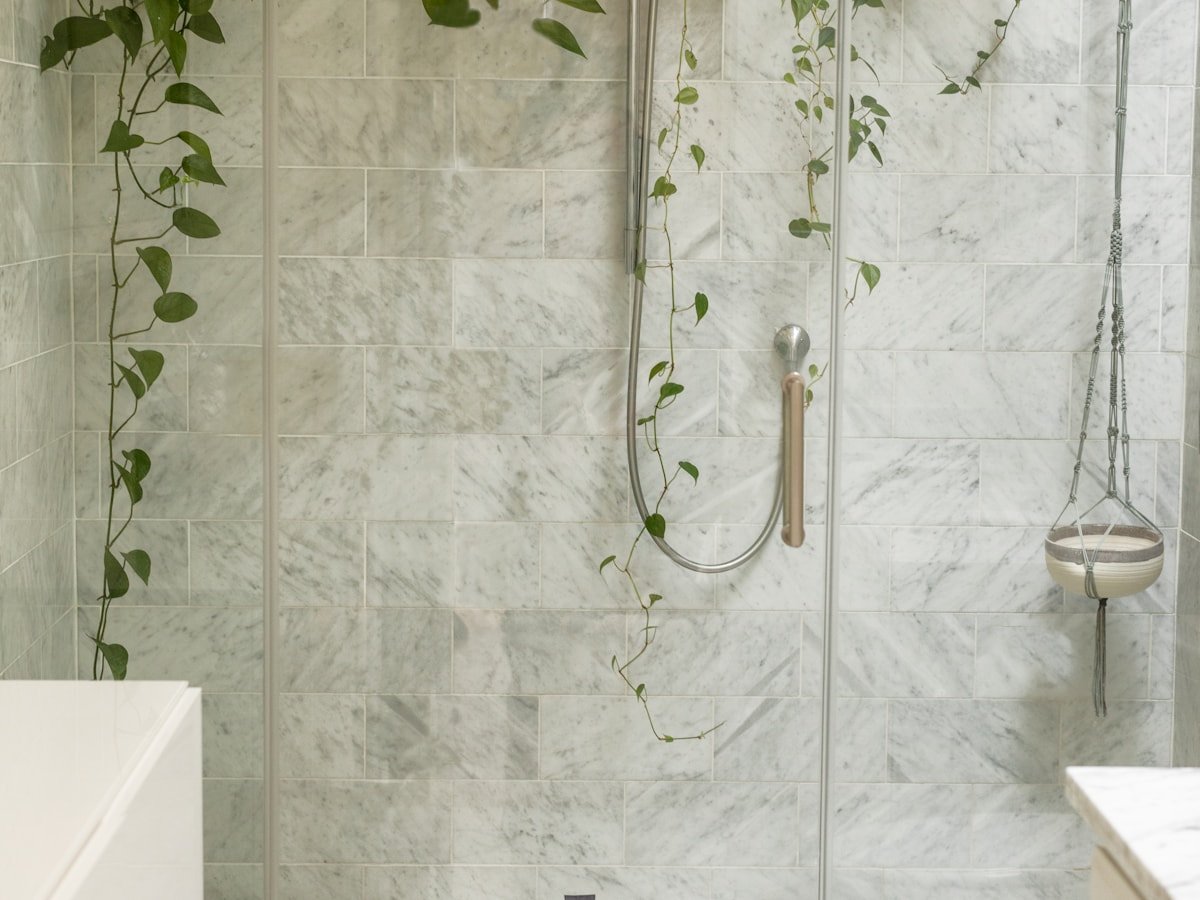 Frameless glass shower with Carrara marble tile and hanging plants